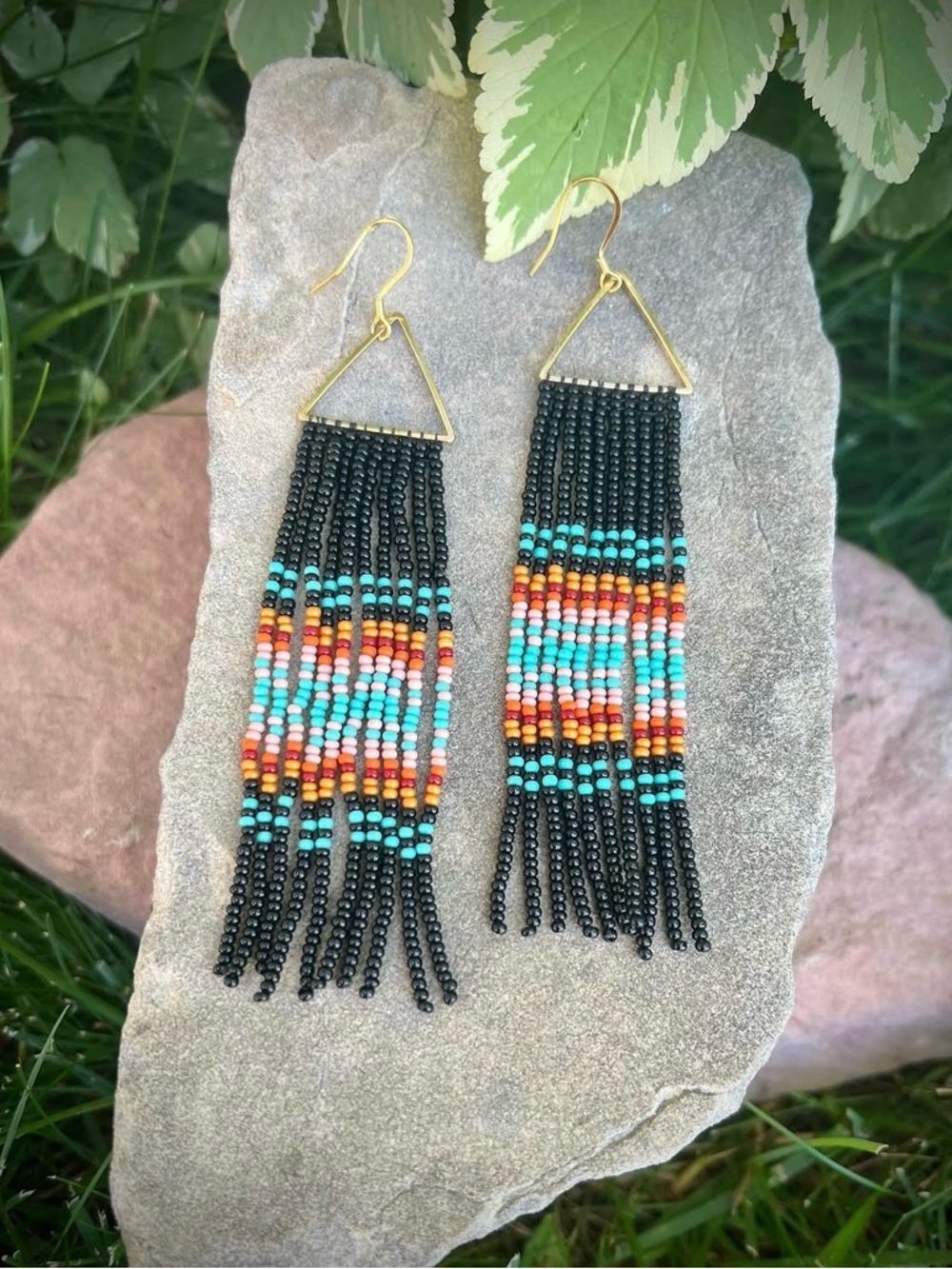 Handmade Black Seed Bead Fringe Earrings with Turquoise & Coral Accents